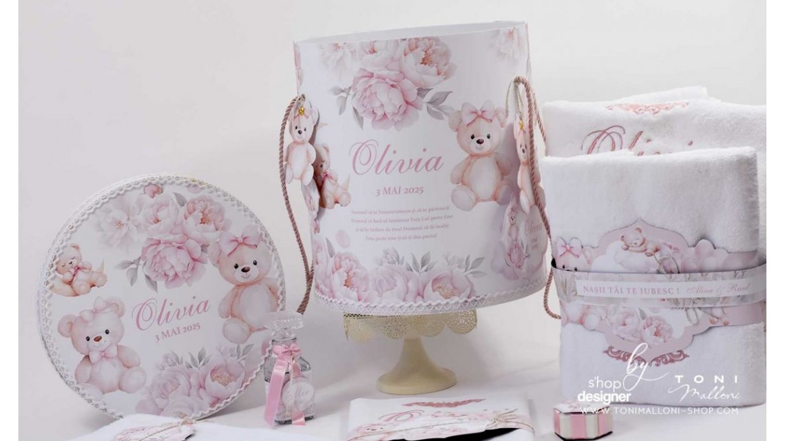 Trusou botez cu ursuleti si flori roz Teddy Bear Baby Girl 8